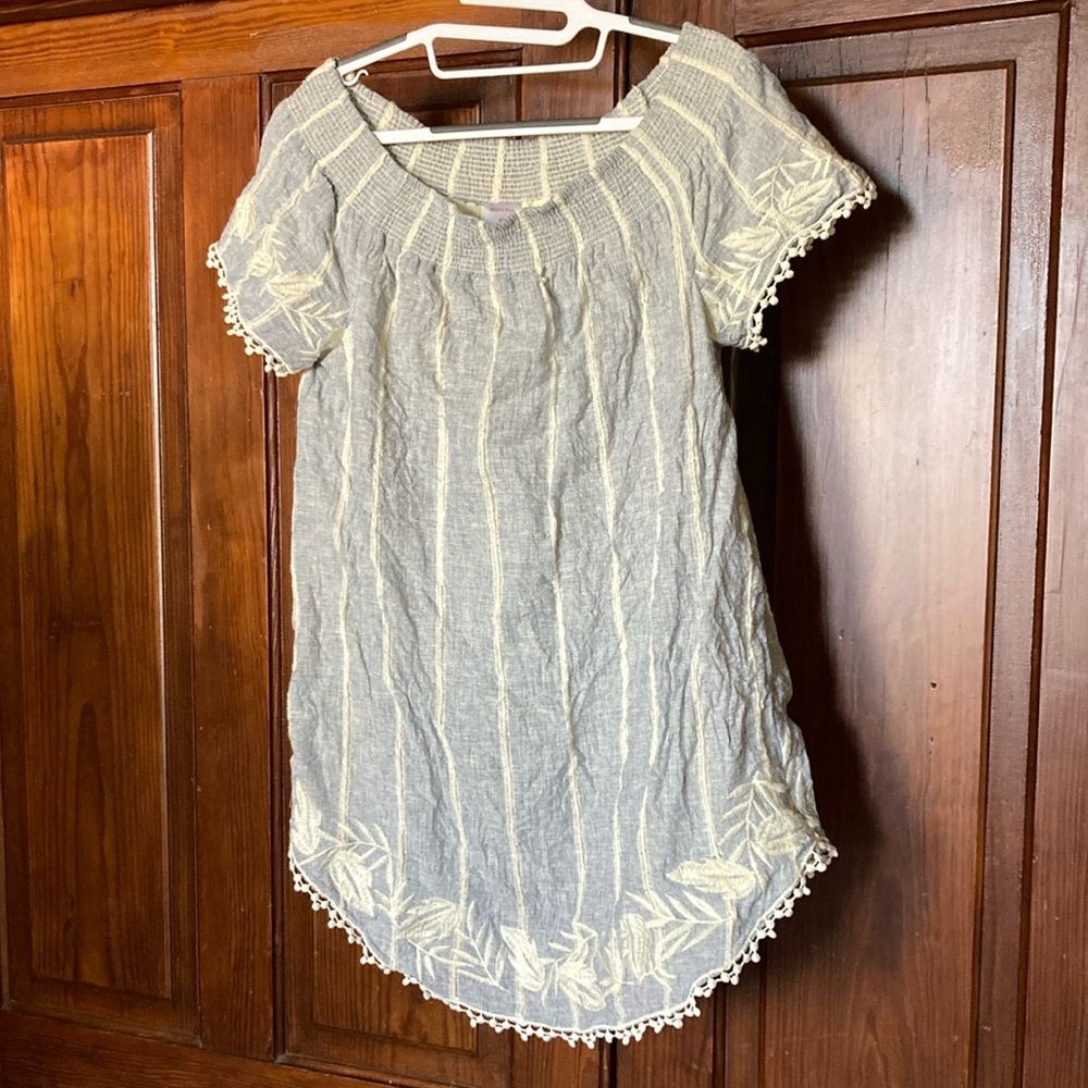 Merona Blue Linen Blend Embroidered Stripes Off The Shoulder Mini Dress Size S/M
